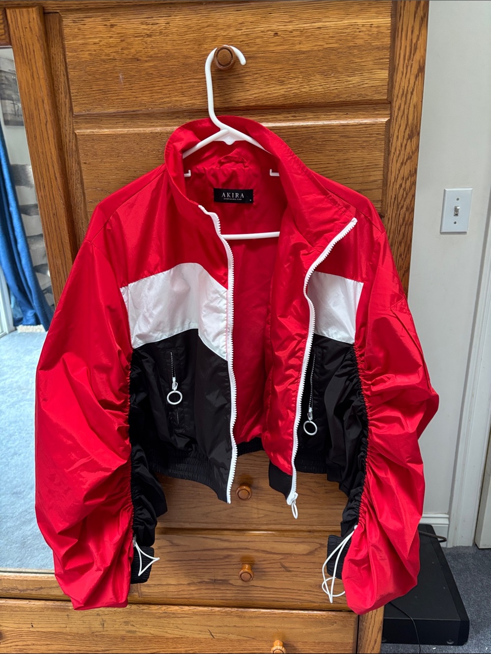 AKIRA Red Colorblock Bomber Jacket with White & Black Accents